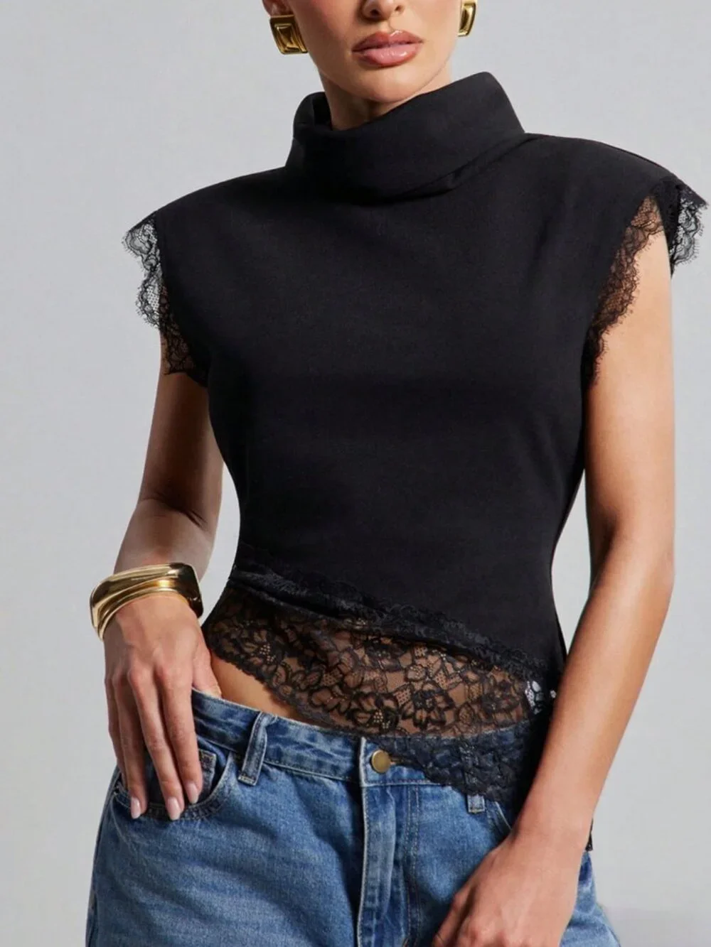Black Casual Women's Contrast Lace High Neck Crop Flounce Sleeve Knit Top